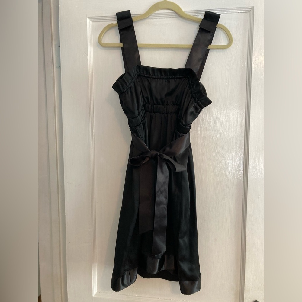 Betsey Johnson Y2k Black Silk Satin Ribbon Bow Shoulder Mini Dress